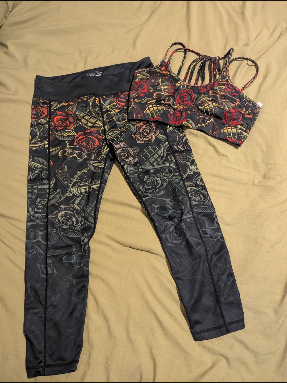 Constantly Varied Gear Black Leggings & Strappy Sports Bra with Red Rose Print